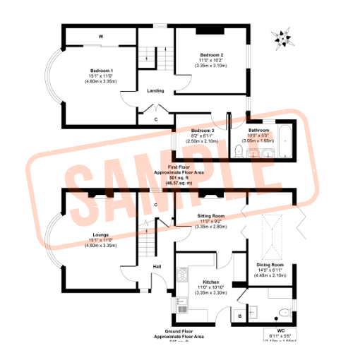 2D black and white Floorplan creation for up to 5 bedrooms